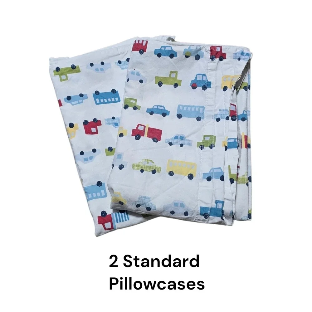 Pottery Barn Kids Brody Standard Pillowcases Set of 2 Cars Trucks Vehicles White